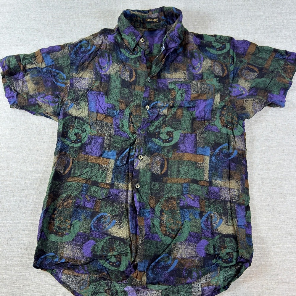 Stefano Man Mens Small Short Sleeve Button Down Shirt Abstract Purple Green